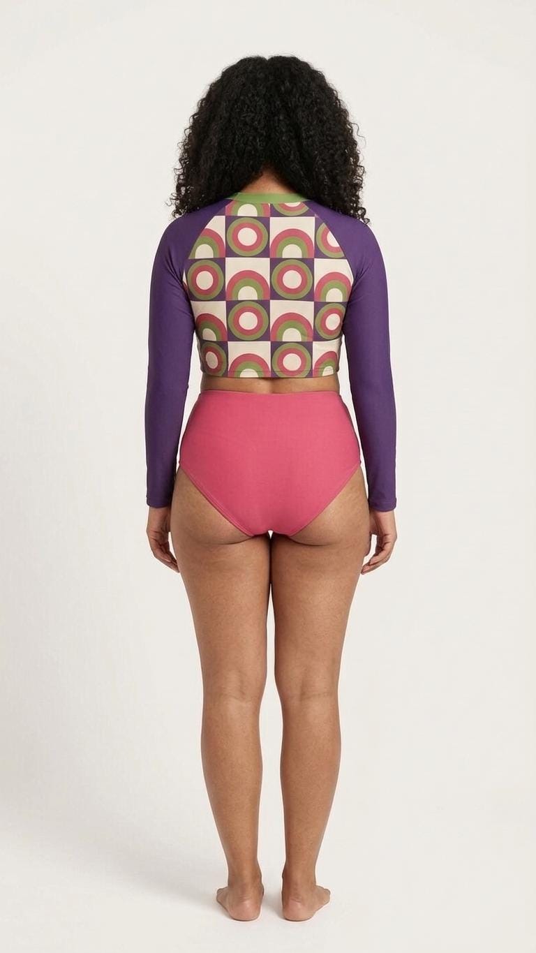 Mid-Century Mod-Style Retro Long-Sleeve Rash-Guard Bikini | Two-Piece Swimsuit with High-Waisted Bottoms | Purple, Pink & Green