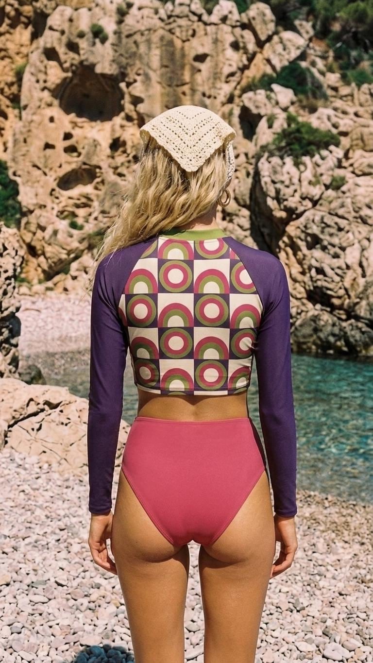 Mid-Century Mod-Style Retro Long-Sleeve Rash-Guard Bikini | Two-Piece Swimsuit with High-Waisted Bottoms | Purple, Pink & Green