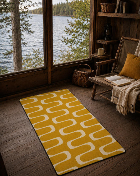 Mustard Yellow Mid-Century Area Rug | Retro Wavy Lake House Floor Mat (36 x 60 in)