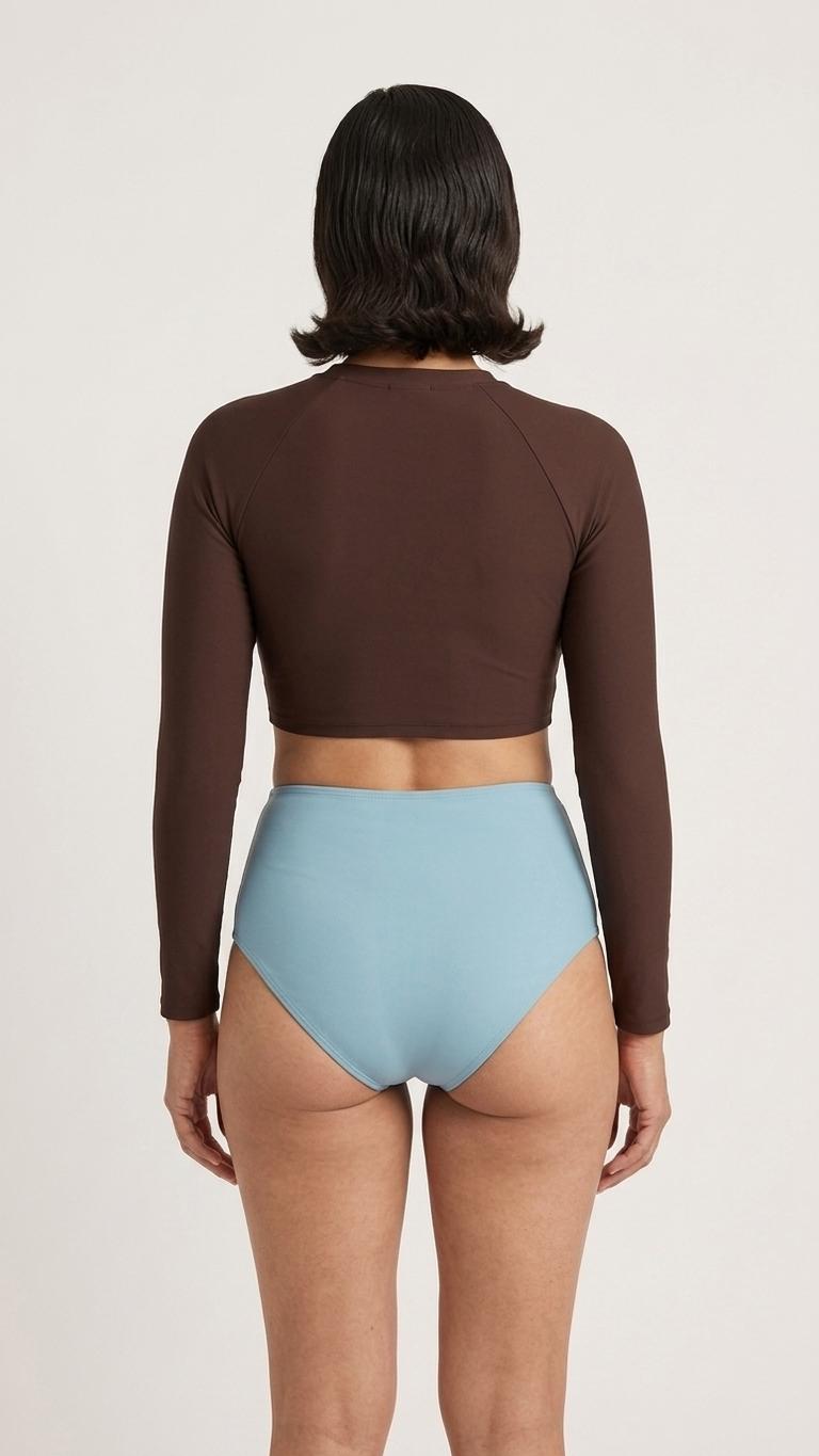 Mid-Century Mod Retro Long-Sleeve Rash-Guard Bikini | Two-Piece Swimsuit with High-Waisted Bottoms | Brown with Blue