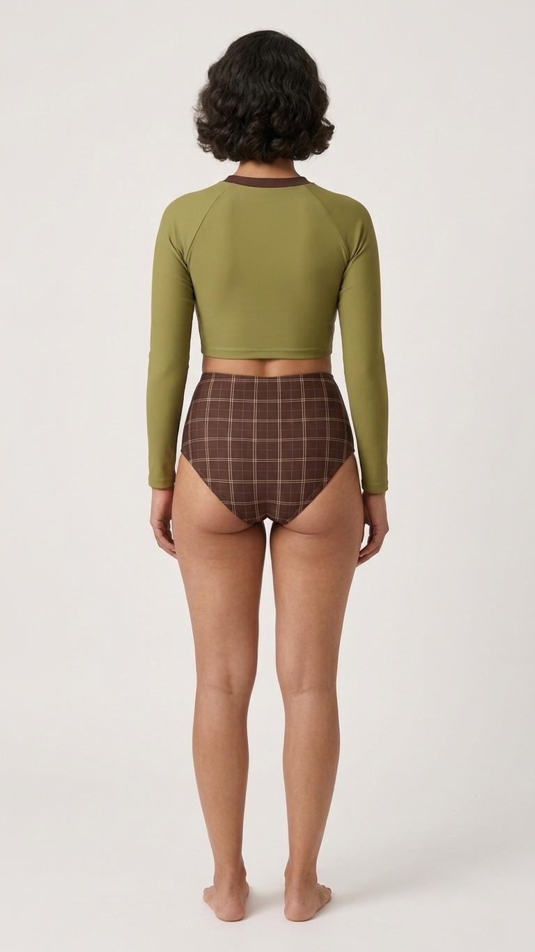 Mid-Century Mod Retro Long-Sleeve Rash-Guard Bikini | Two-Piece Swimsuit with High-Waisted Bottoms | Chequered Brown & Green