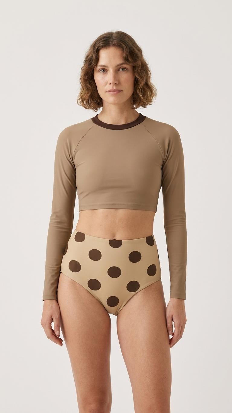 Retro Surf Sporty Long-Sleeve Rash-Guard Bikini | High-Waist Two-Piece Swimsuit | Mocha Beige
