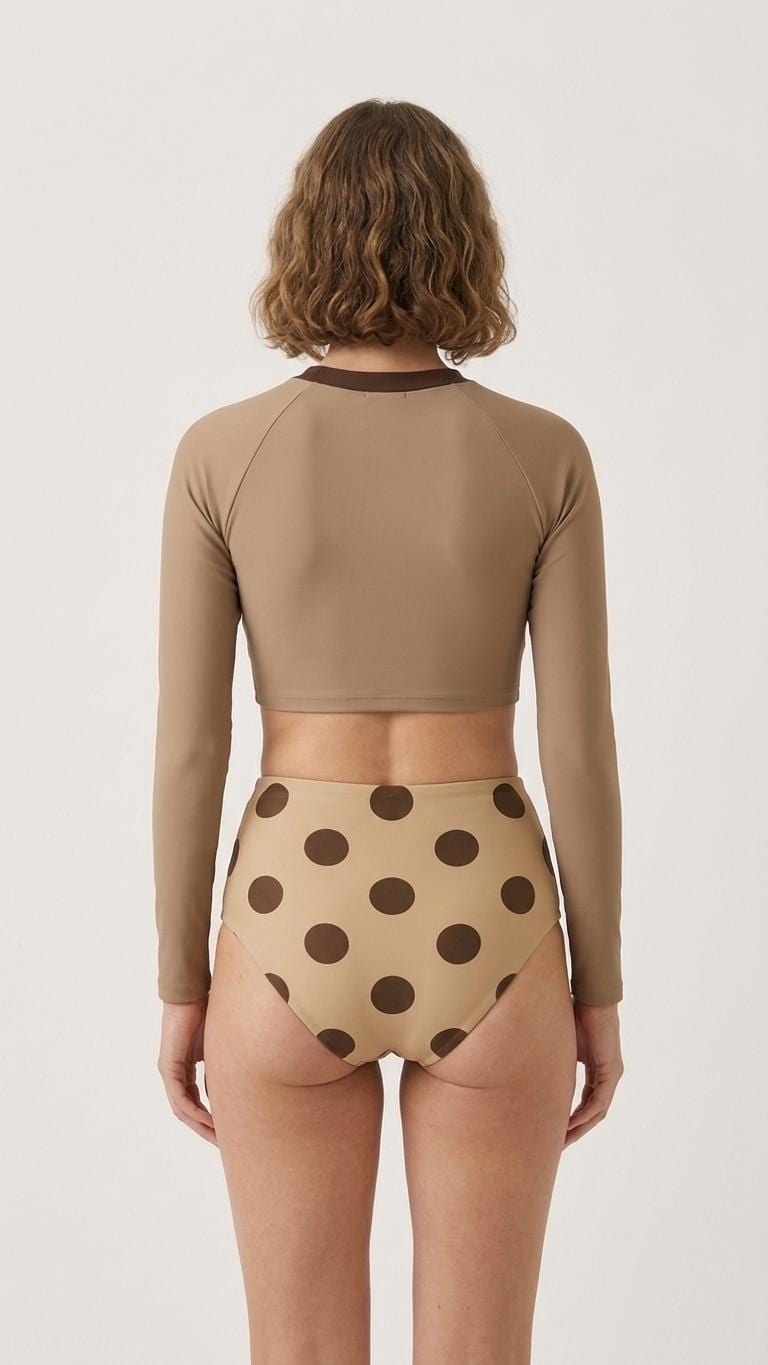 Retro Surf Sporty Long-Sleeve Rash-Guard Bikini | High-Waist Two-Piece Swimsuit | Mocha Beige