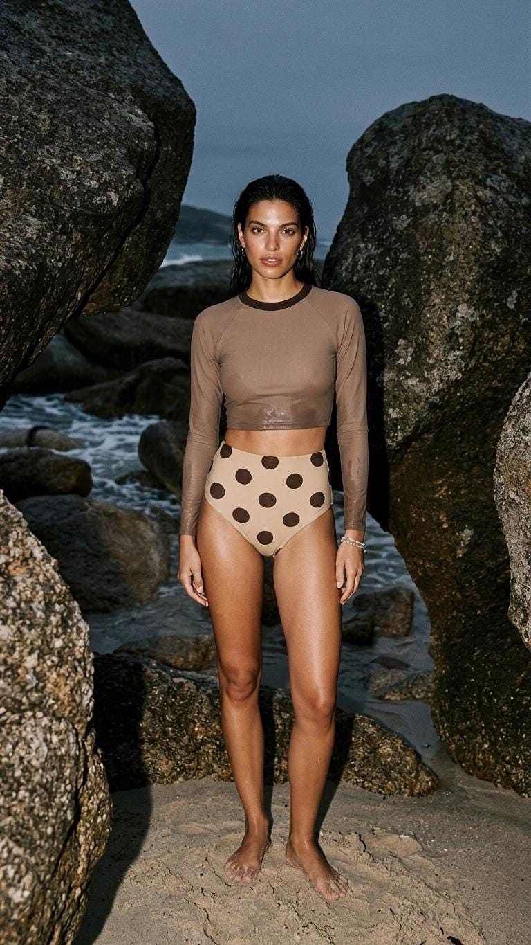 Retro Surf Sporty Long-Sleeve Rash-Guard Bikini | High-Waist Two-Piece Swimsuit | Mocha Beige