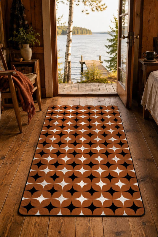 Burnt Orange Mid-Century Modern Rug | Retro Geometric Cabin Floor-Mat, Black & Cream 70s Decor