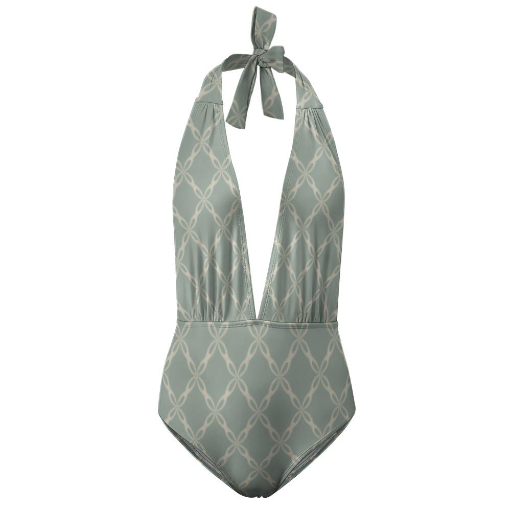 Retro Monroe Dusty Blue Trellis Mid-Century Halter Plunge One Piece Swimsuit