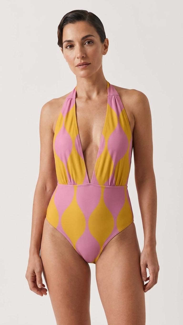 Retro Monroe Bold Mauve & Yellow Mod-Style Mid-Century Halter Plunge One-Piece Swimsuit