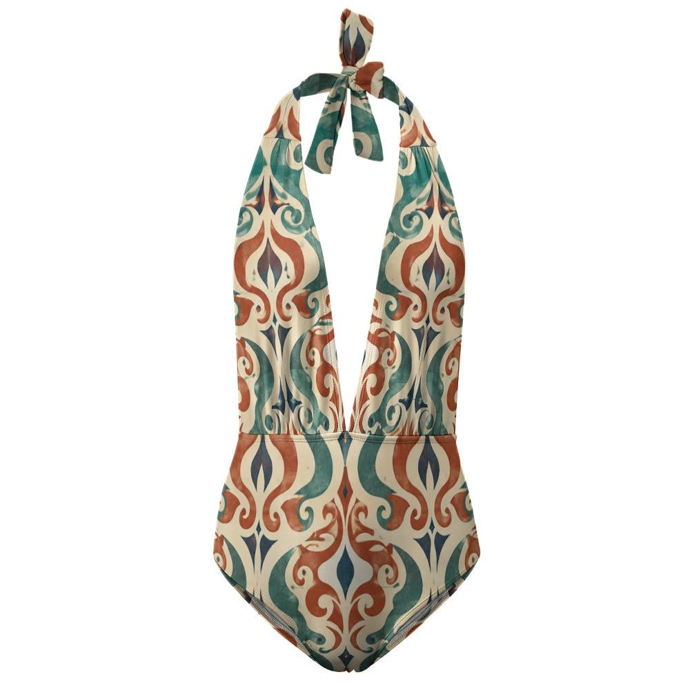 Retro Monroe Teal & Terracotta Sun-Faded Mediterranean Damask, Mid-Century Halter Plunge One-Piece Swimsuit