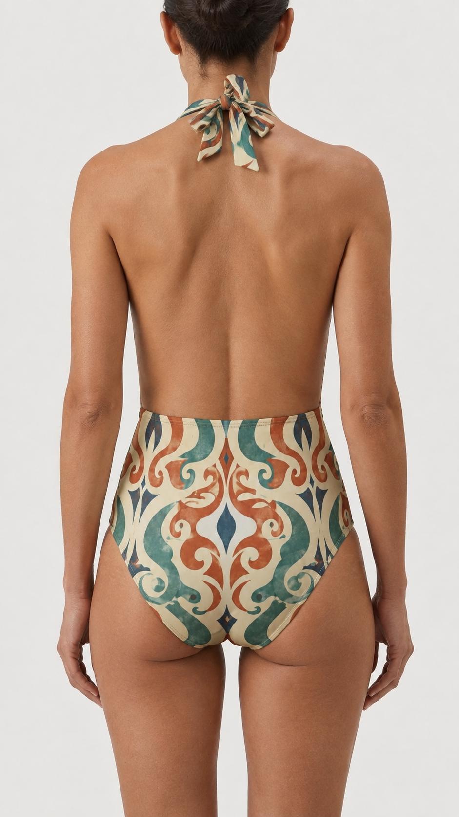 Retro Monroe Teal & Terracotta Sun-Faded Mediterranean Damask, Mid-Century Halter Plunge One-Piece Swimsuit