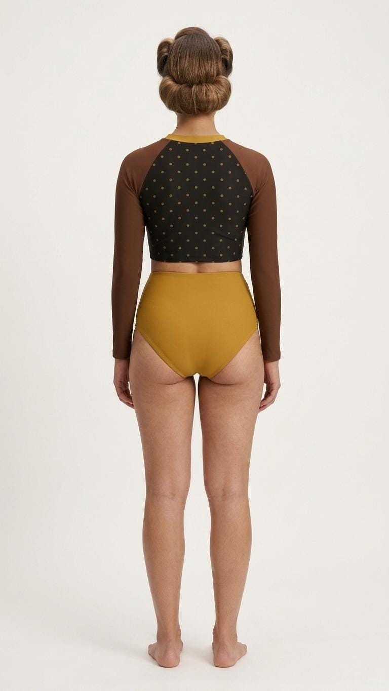 Retro Surf Sporty Long-Sleeve Rash-Guard Bikini | High-Waist Two-Piece Swimsuit | Autumnal Brown & Mustard