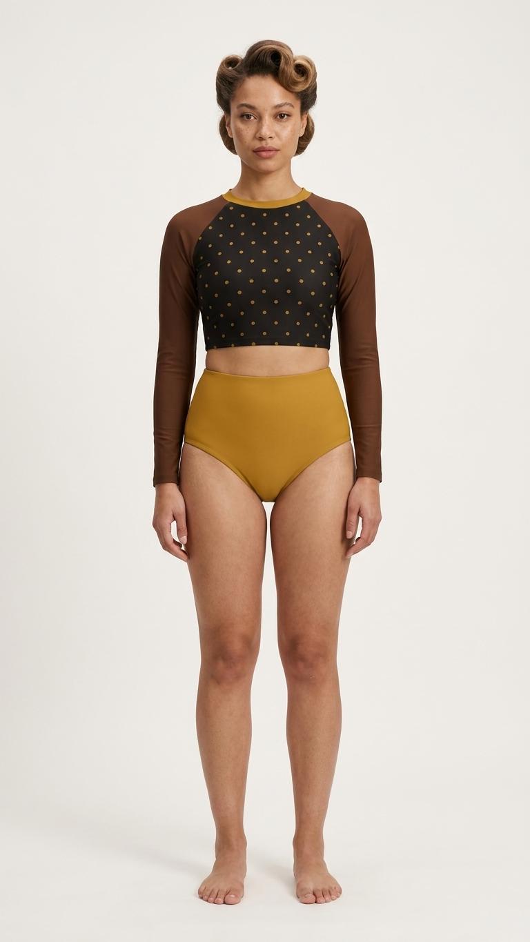 Retro Surf Sporty Long-Sleeve Rash-Guard Bikini | High-Waist Two-Piece Swimsuit | Autumnal Brown & Mustard