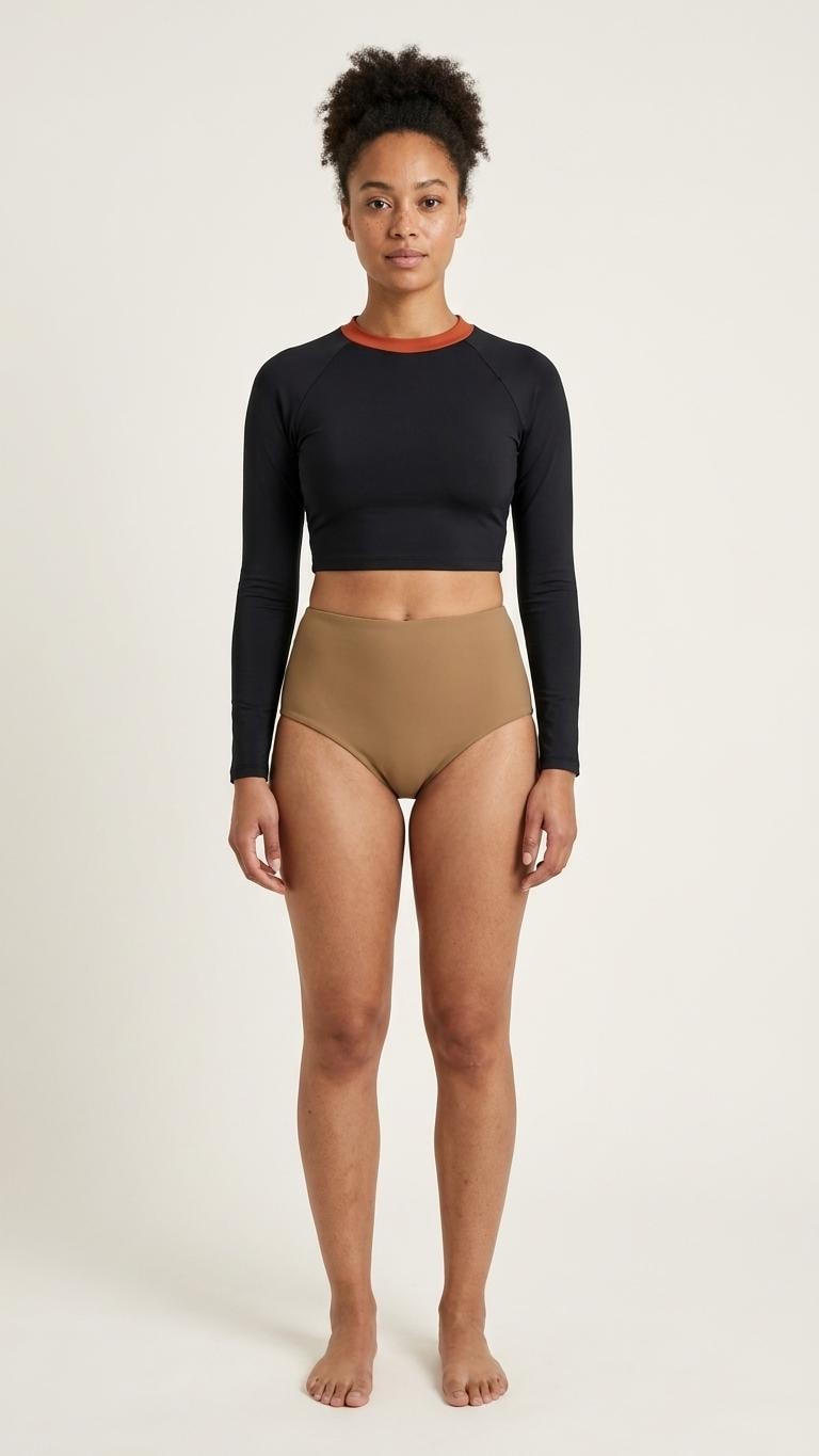 Retro Surf Sporty Long-Sleeve Rash-Guard Bikini | High-Waist Two-Piece Swimsuit | Charcoal & Camel