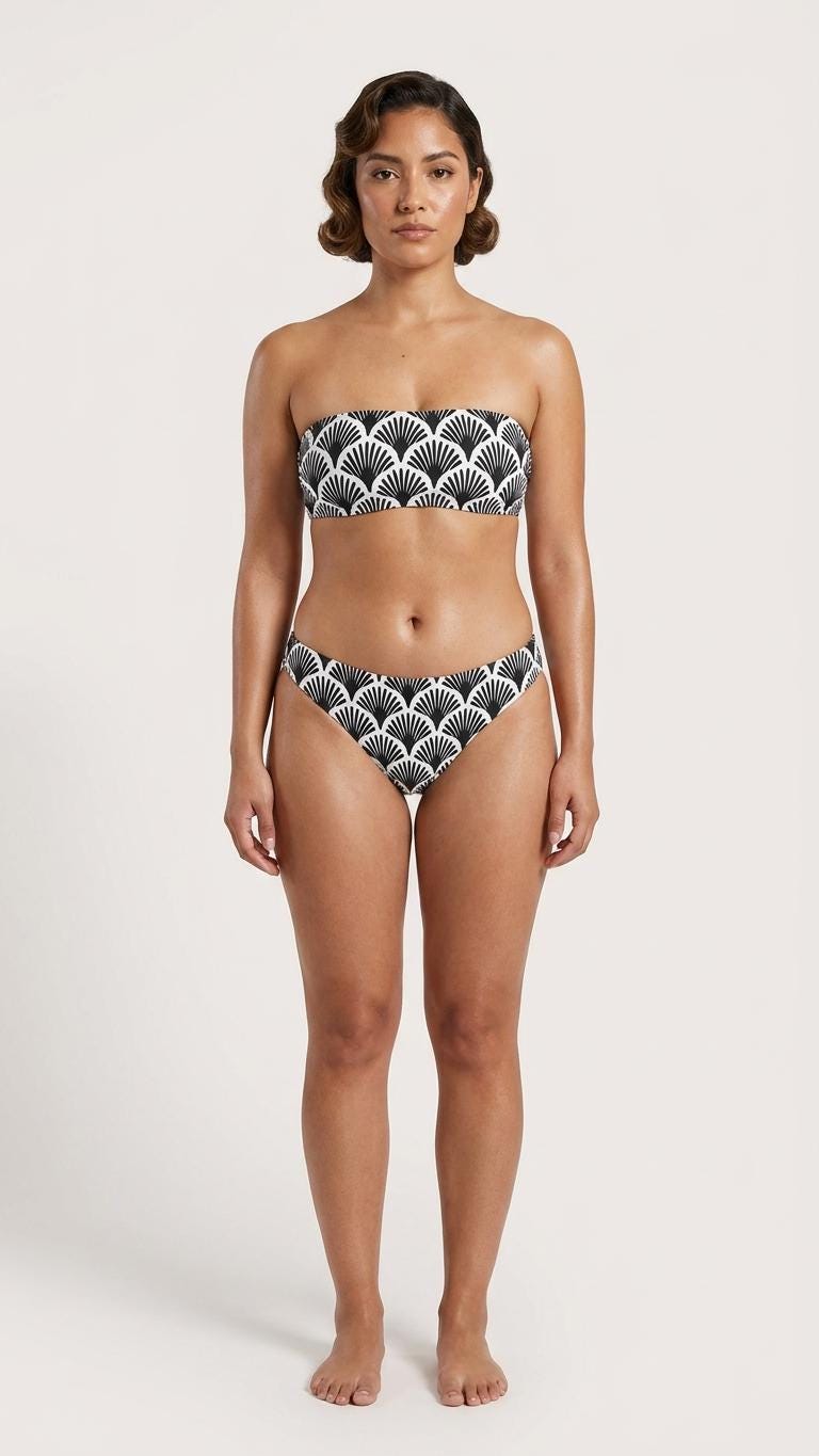 Retro Classic Lightweight Bandeau Bikini Set – Coquette Mid-Century Fan Pattern – Unlined