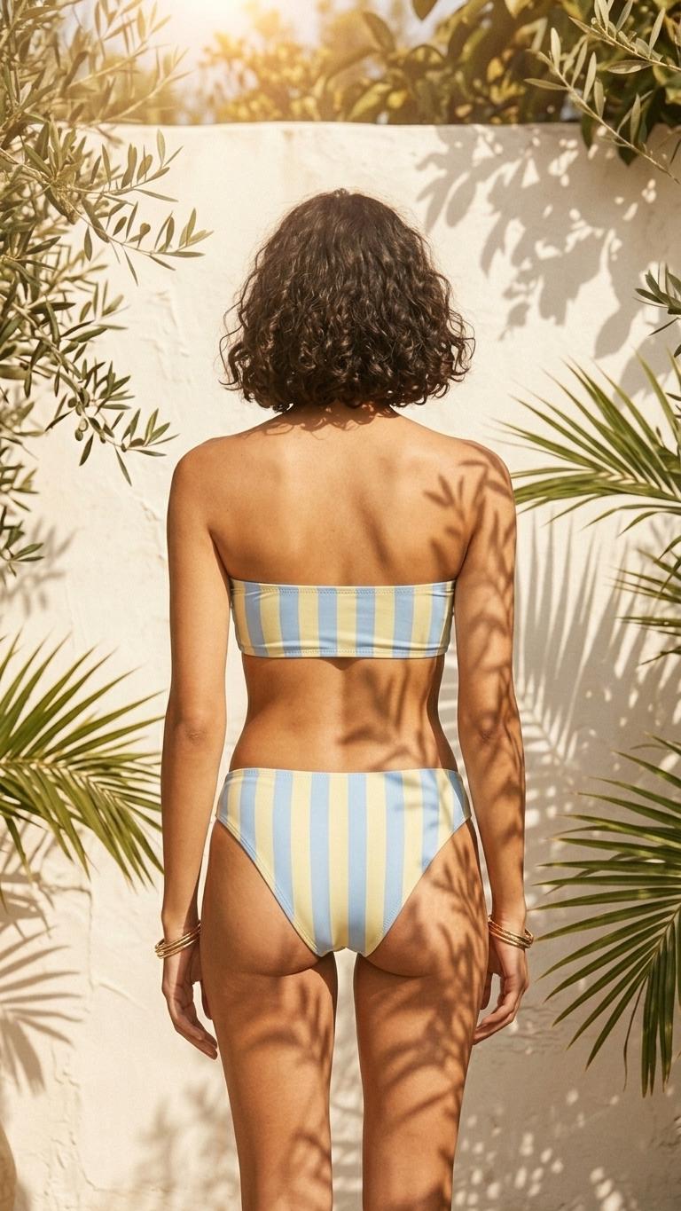 Retro Classic Lightweight Bandeau Tube Strapless Bikini Set – Coquette Stripes – Unlined