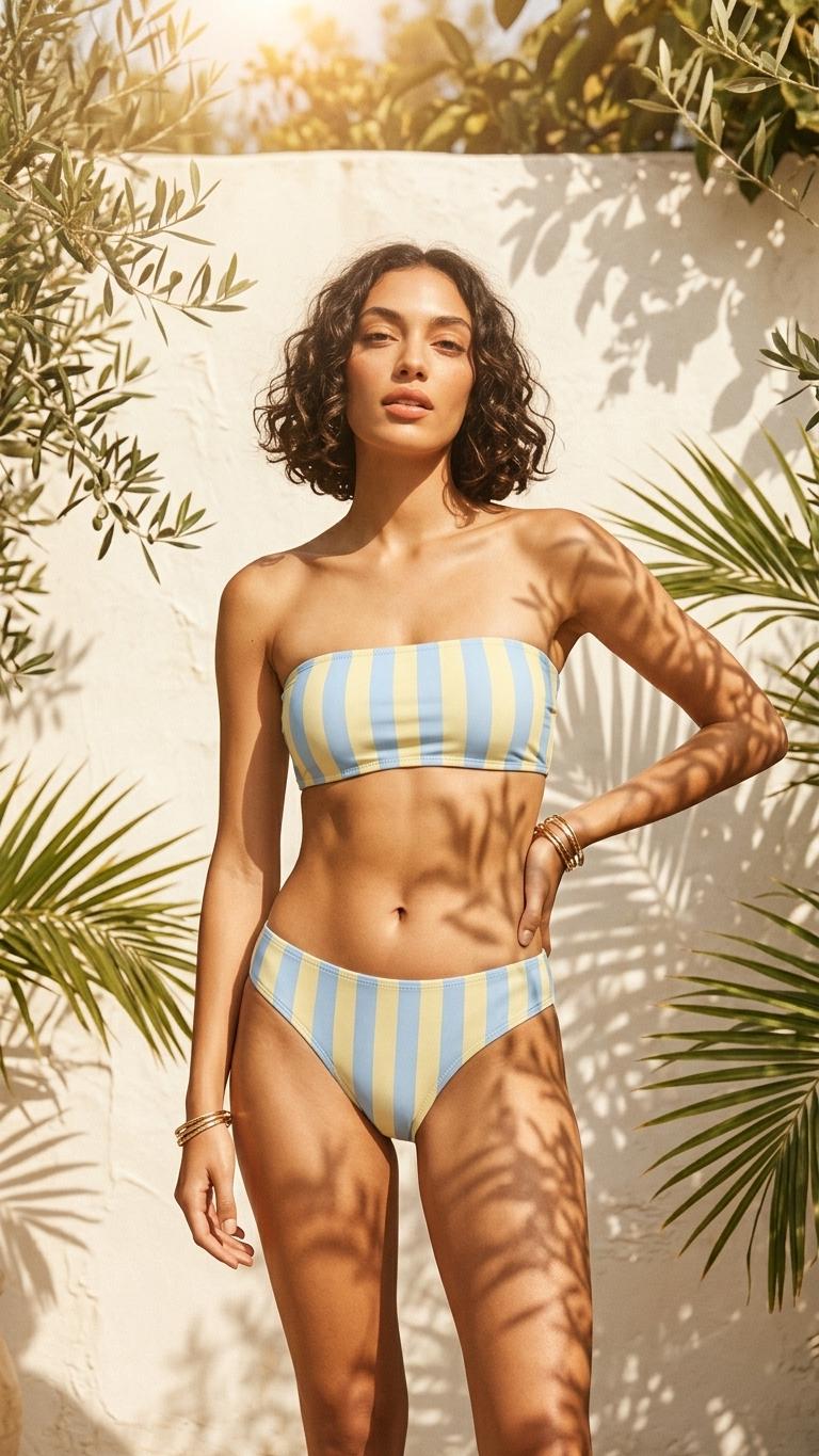 Retro Classic Lightweight Bandeau Tube Strapless Bikini Set – Coquette Stripes – Unlined