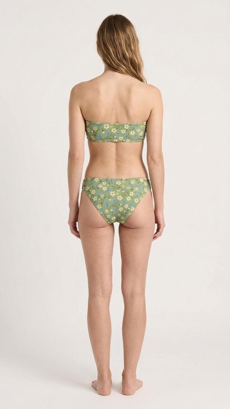 Retro Classic Lightweight Bandeau Tube Strapless Bikini Set – Coquette Ditsy Florals in Green – Unlined