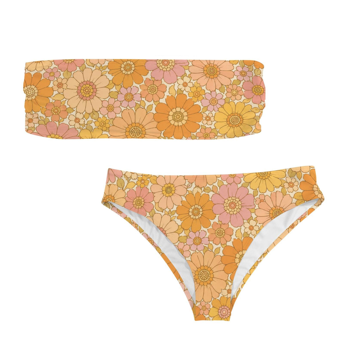 Retro Classic Lightweight Bandeau Bikini Set – Mid-Century Groovy 1970s Florals – Unlined