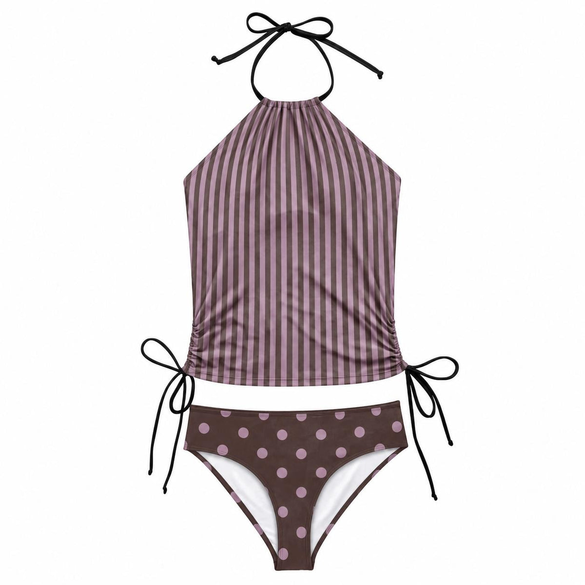 Retro Halter Tankini Swimsuit – Two-Piece Drawstring Halterneck Bathing Suit – Lilac