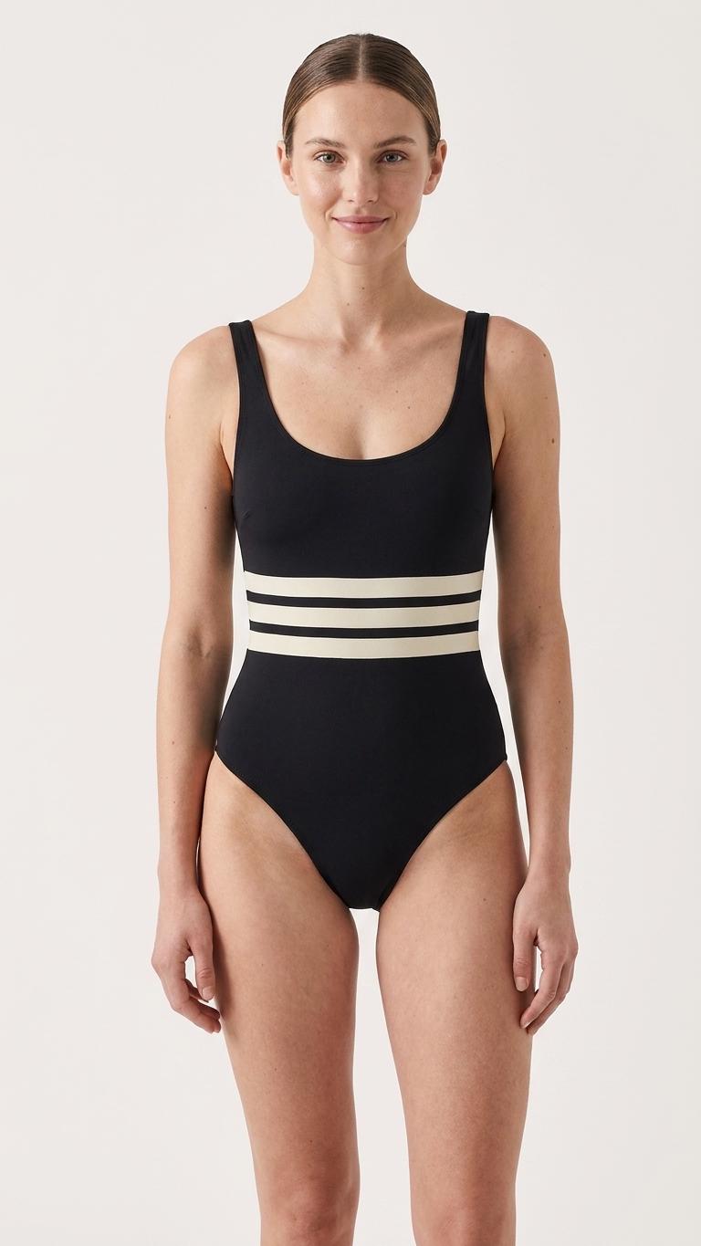 Classic Retro Striped One-Piece Swimsuit | Surf Swimwear | High-Leg | Black
