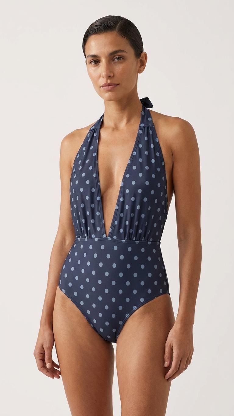 Monroe Retro Deep V-Plunge Halter One-Piece Swimsuit - High-Waist Sexy Swimwear - Navy Blue Polka Dot