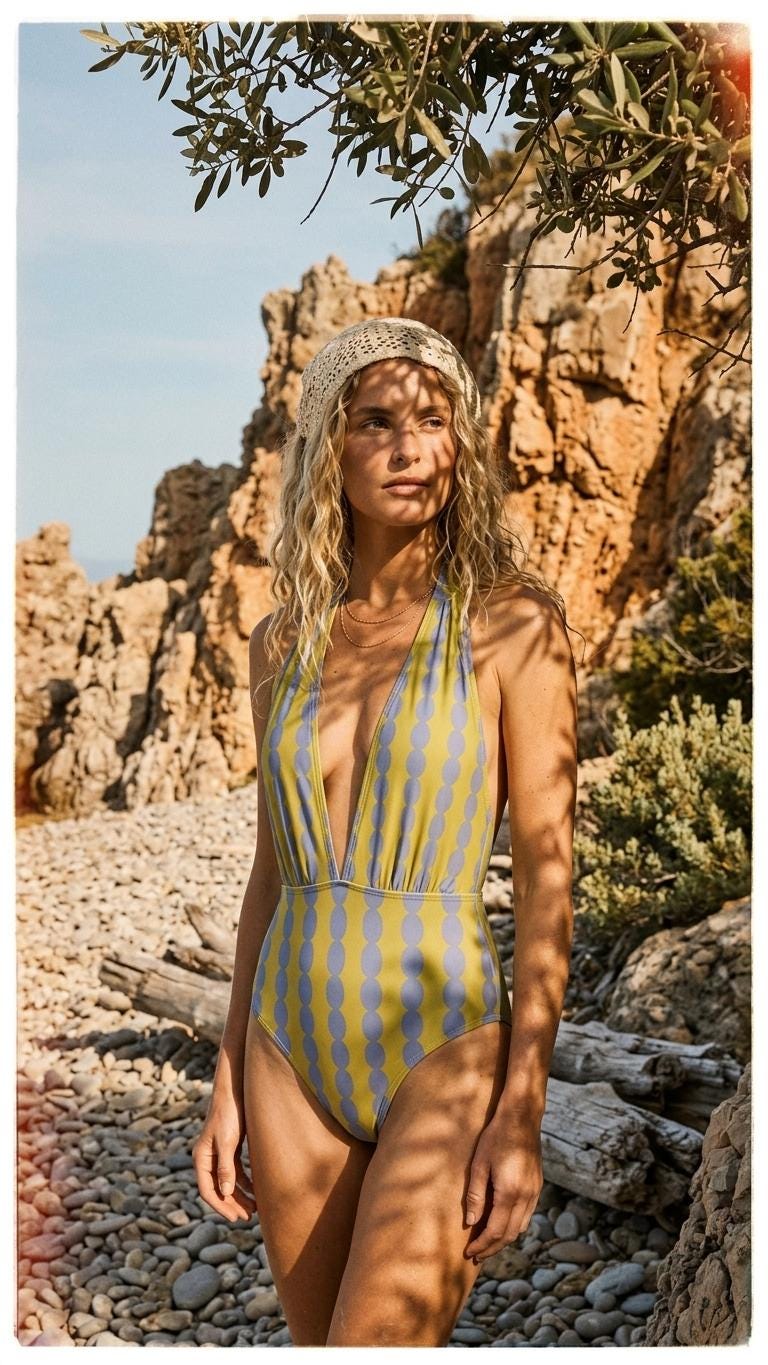 Retro Monroe Bold Mustard & Periwinkle Mod-Style Mid-Century Halter Plunge One-Piece Swimsuit