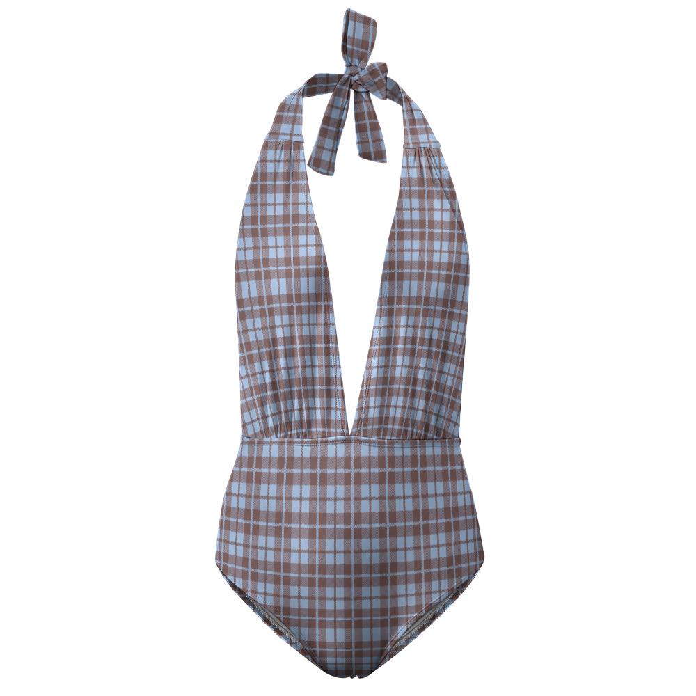 Monroe Retro V-Plunge Halter One-Piece Swimsuit - High-Waist Sexy Swimwear - Azure & Brown Plaid