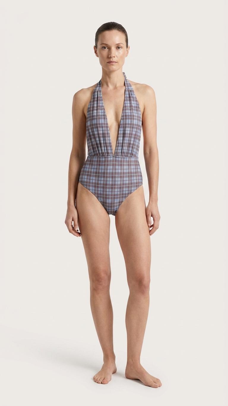 Monroe Retro V-Plunge Halter One-Piece Swimsuit - High-Waist Sexy Swimwear - Azure & Brown Plaid