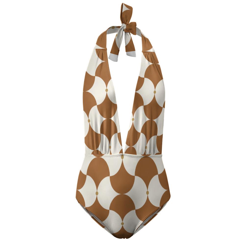 Retro Monroe Caramel Mod-Style Mid-Century Halter Plunge One-Piece Swimsuit