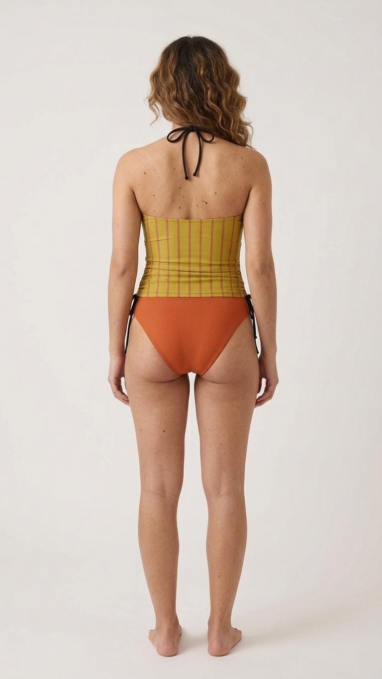 Retro Halter Tankini Swimsuit – Two-Piece Drawstring Halterneck Bathing Suit – Mustard & Red