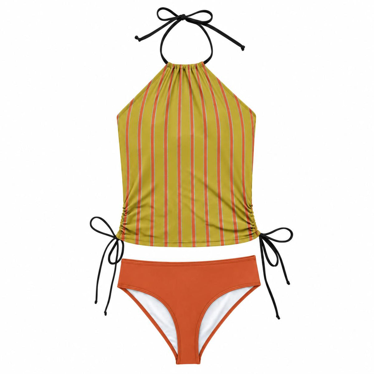 Retro Halter Tankini Swimsuit – Two-Piece Drawstring Halterneck Bathing Suit – Mustard & Red