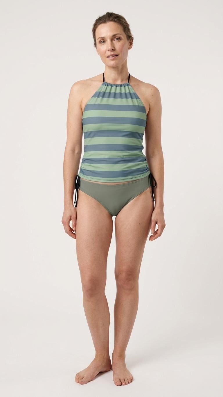 Retro Halter Tankini Swimsuit – Two-Piece Drawstring Halterneck Bathing Suit – Slate & Sage