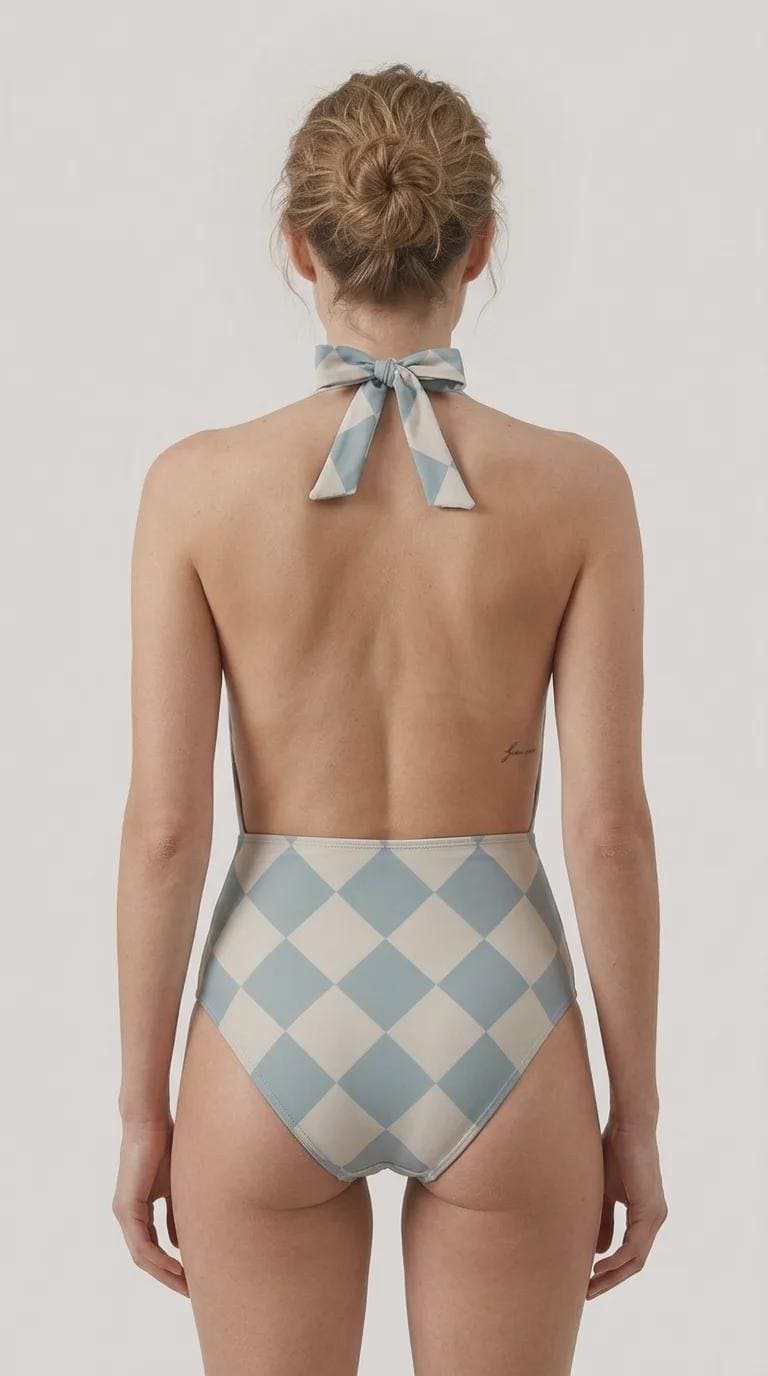 Retro Monroe Blue Diamonds Mid-Century Halter Plunge One-Piece Swimsuit