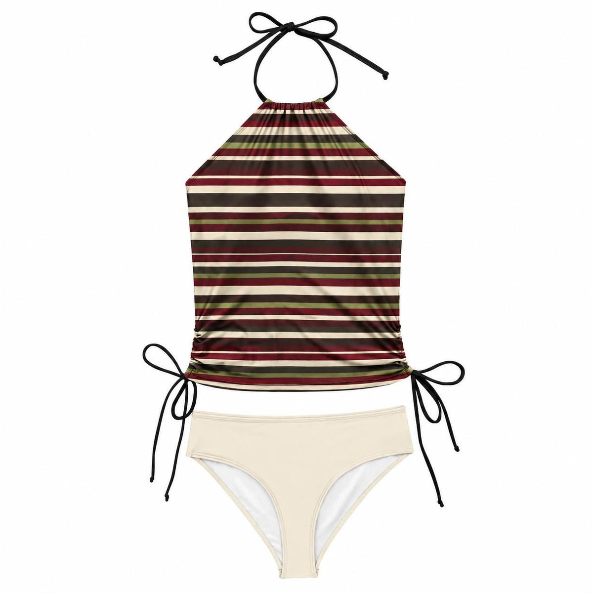 Retro Halter Tankini Swimsuit – Two-Piece Drawstring Halterneck Bathing Suit – Vintage Striped in Ivory