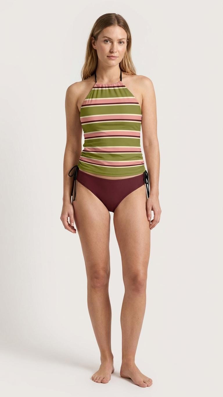 Retro Halter Tankini Swimsuit – Two-Piece Drawstring Halter Bathing Suit – Vintage Striped in Olive & Wine