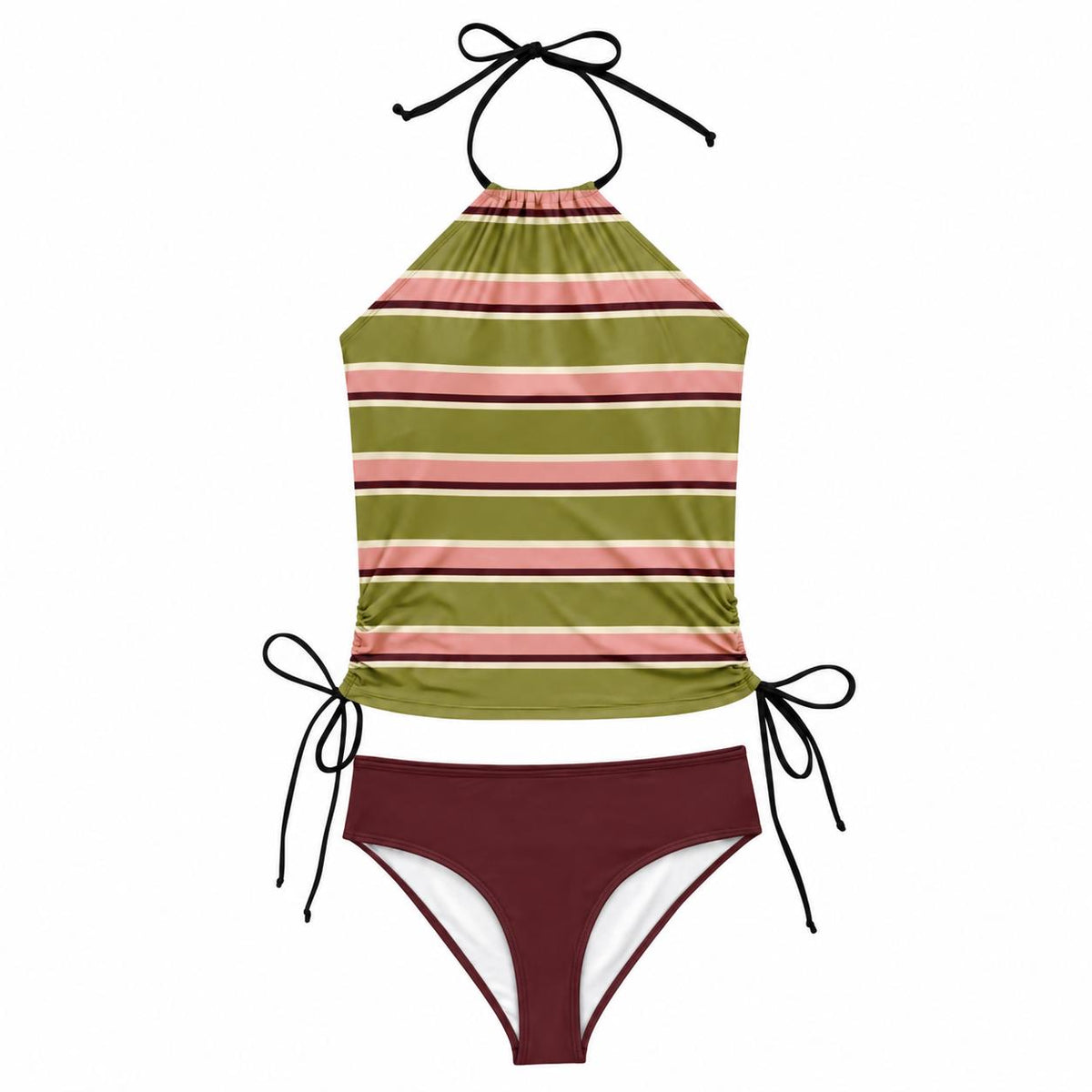 Retro Halter Tankini Swimsuit – Two-Piece Drawstring Halter Bathing Suit – Vintage Striped in Olive & Wine