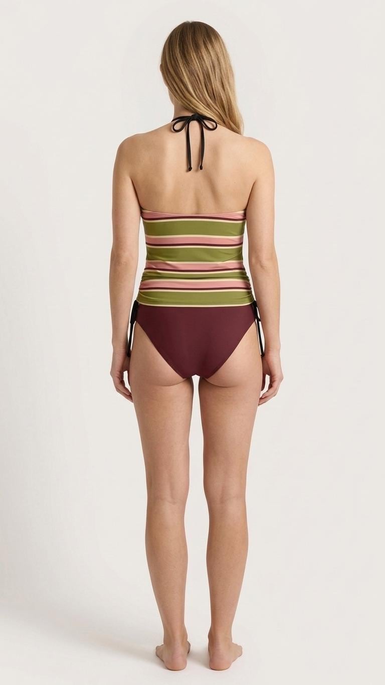 Retro Halter Tankini Swimsuit – Two-Piece Drawstring Halter Bathing Suit – Vintage Striped in Olive & Wine