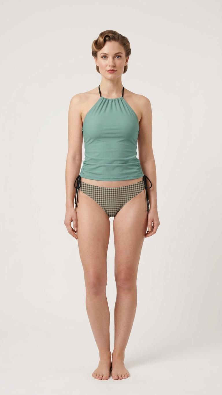 Retro Halter Tankini Swimsuit – Two-Piece Drawstring Halter Bathing Suit – Seafoam Gingham