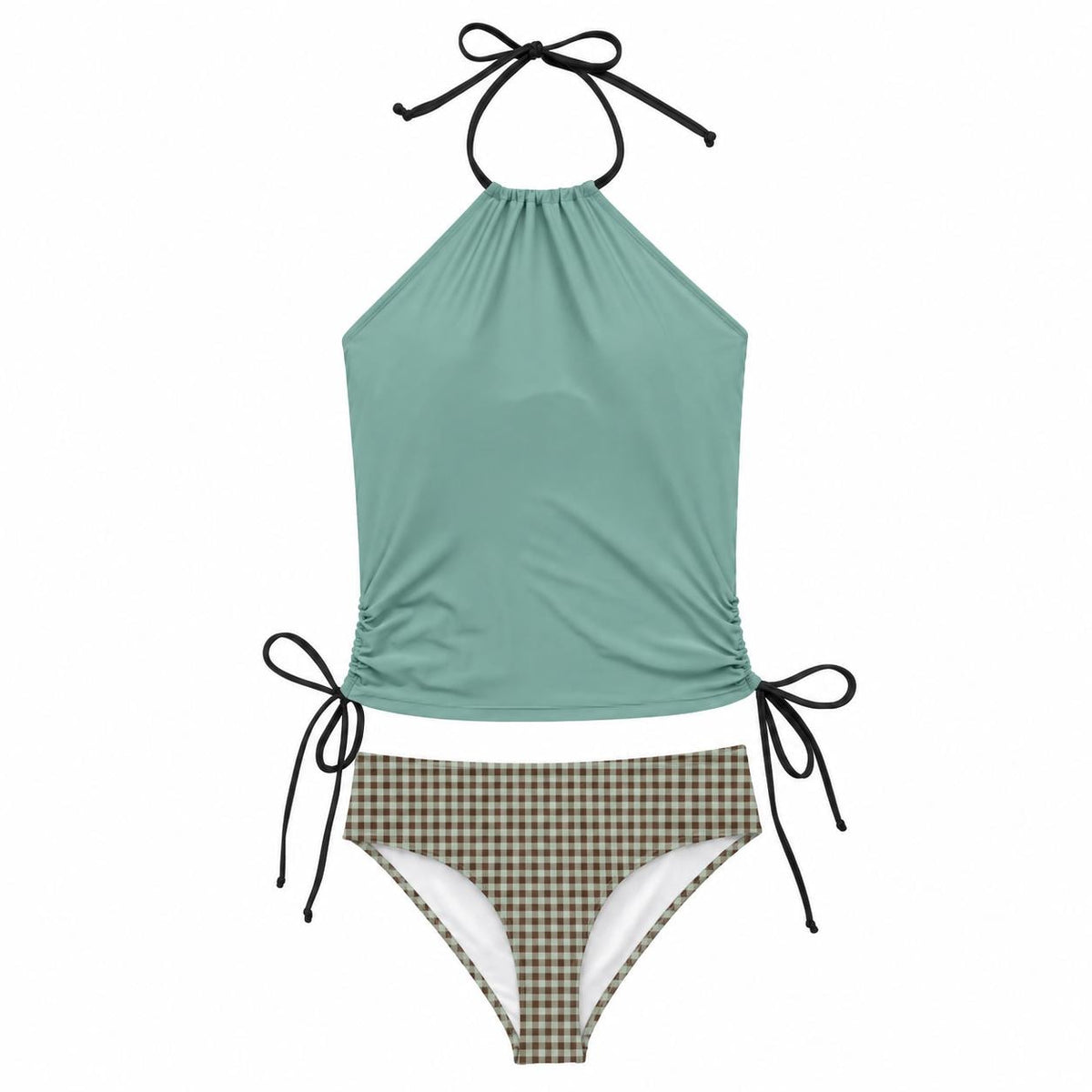 Retro Halter Tankini Swimsuit – Two-Piece Drawstring Halter Bathing Suit – Seafoam Gingham