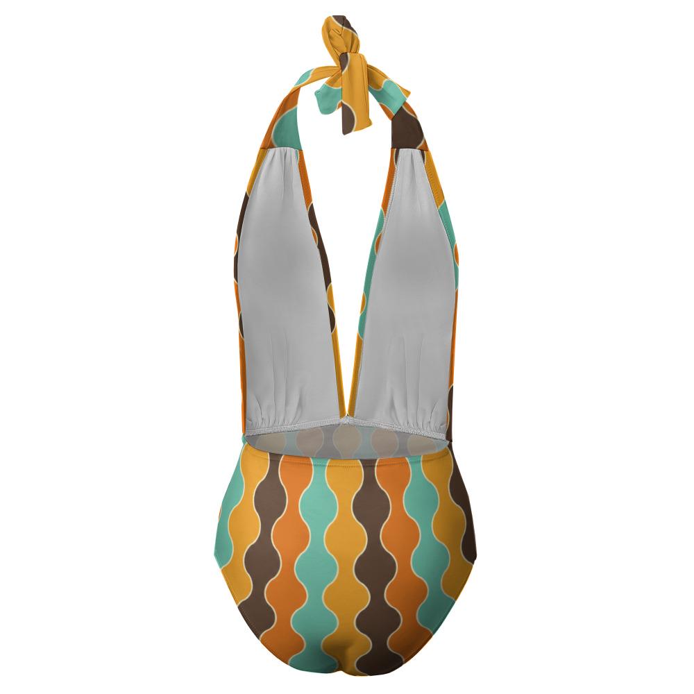 Retro Monroe Mid-Century Hourglass Pattern in Vintage 1970s Colours - Halter Plunge One-Piece Swimsuit