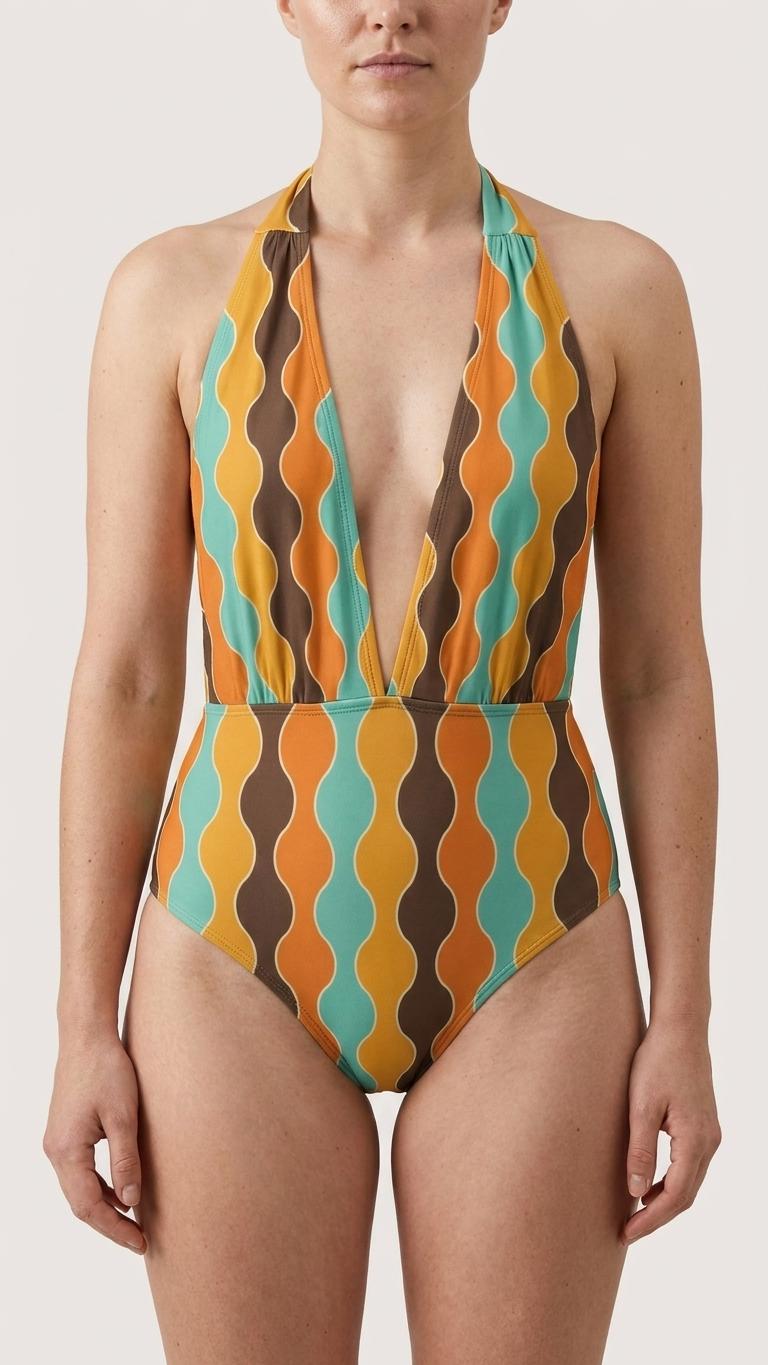 Retro Monroe Mid-Century Hourglass Pattern in Vintage 1970s Colours - Halter Plunge One-Piece Swimsuit