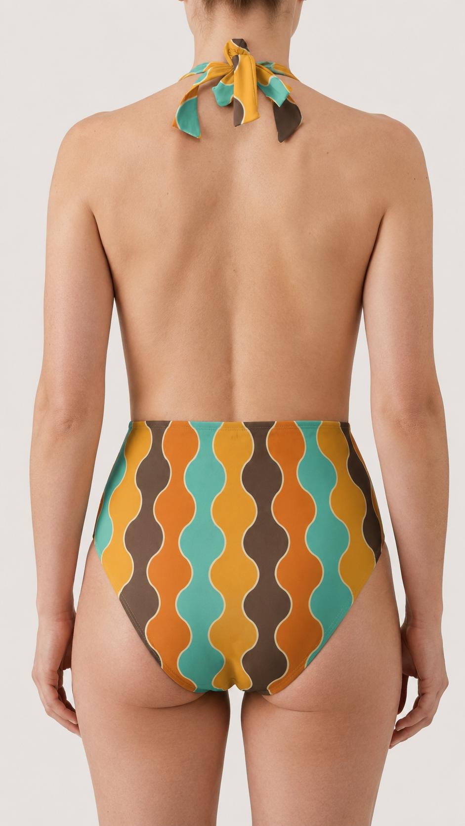 Retro Monroe Mid-Century Hourglass Pattern in Vintage 1970s Colours - Halter Plunge One-Piece Swimsuit