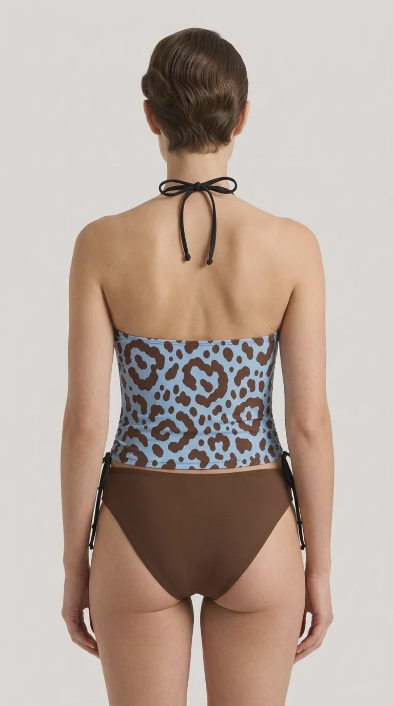Retro Halter Tankini Swimsuit – Two-Piece Drawstring Halter Bathing Suit – Powder Blue & Brown Leopard