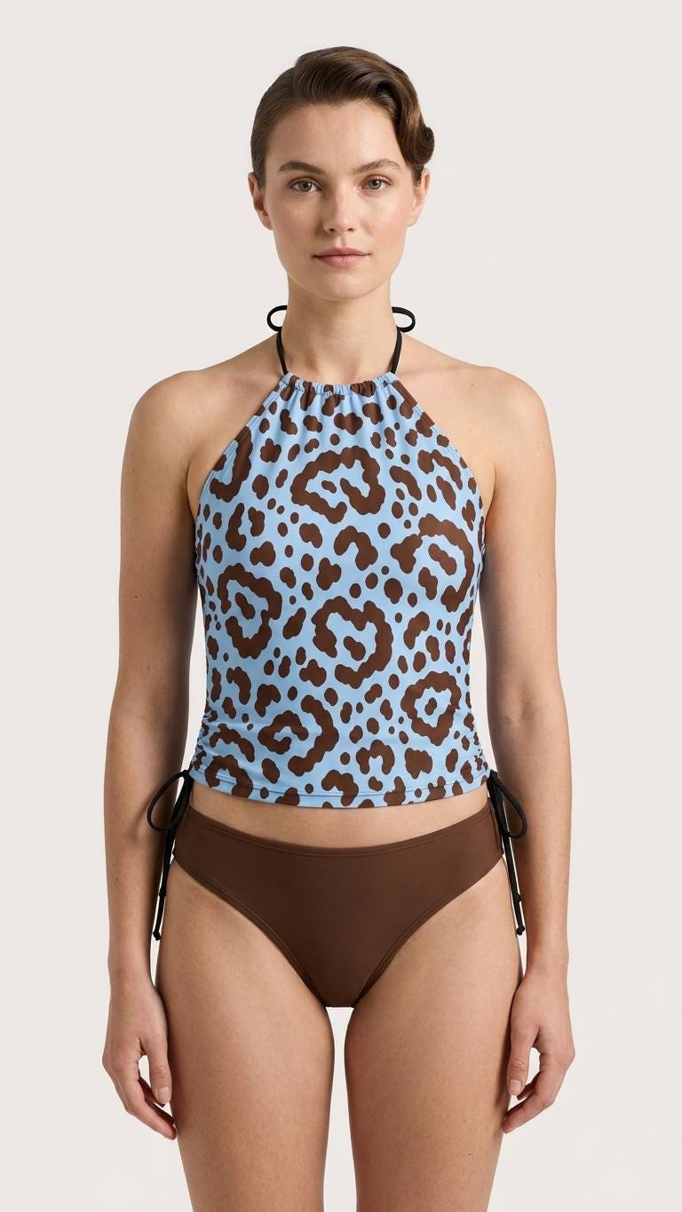 Retro Halter Tankini Swimsuit – Two-Piece Drawstring Halter Bathing Suit – Powder Blue & Brown Leopard