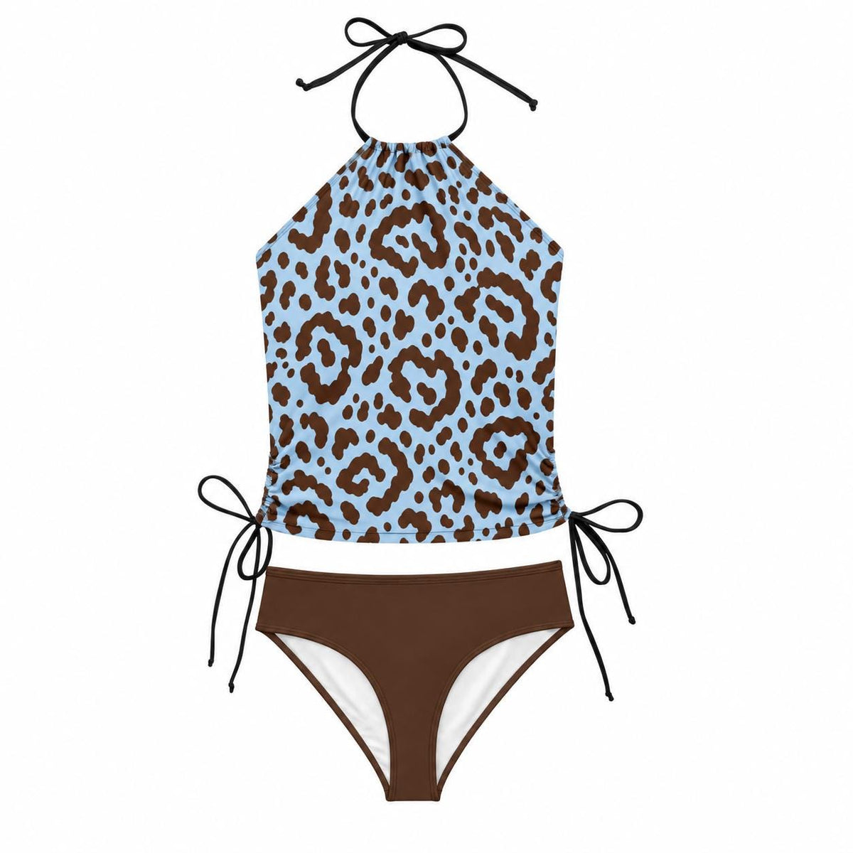 Retro Halter Tankini Swimsuit – Two-Piece Drawstring Halter Bathing Suit – Powder Blue & Brown Leopard