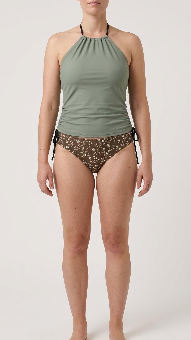 Retro Halter Tankini Swimsuit – Two-Piece Drawstring Halter Bathing Suit – Sage Grey & Floral Chocolate
