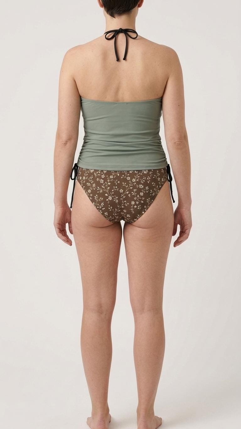 Retro Halter Tankini Swimsuit – Two-Piece Drawstring Halter Bathing Suit – Sage Grey & Floral Chocolate