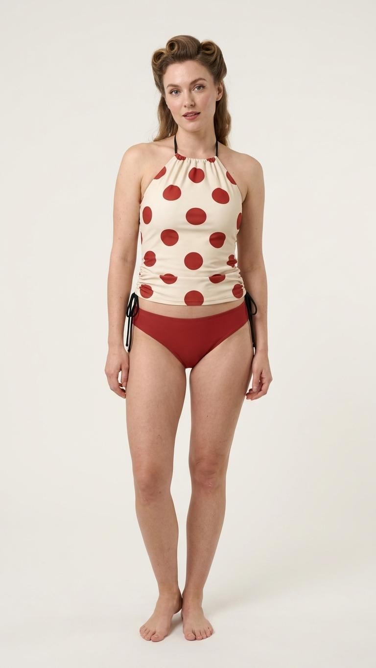 Retro Halter Tankini Swimsuit – Two-Piece Drawstring Halterneck Bathing Suit – Polka Dot Red & Cream