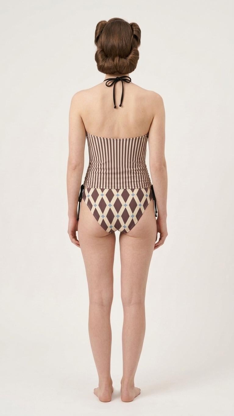 Retro Halter Tankini Swimsuit – Two-Piece Drawstring Halter Bathing Suit – Pinstripe & Mid-Century Lozenge
