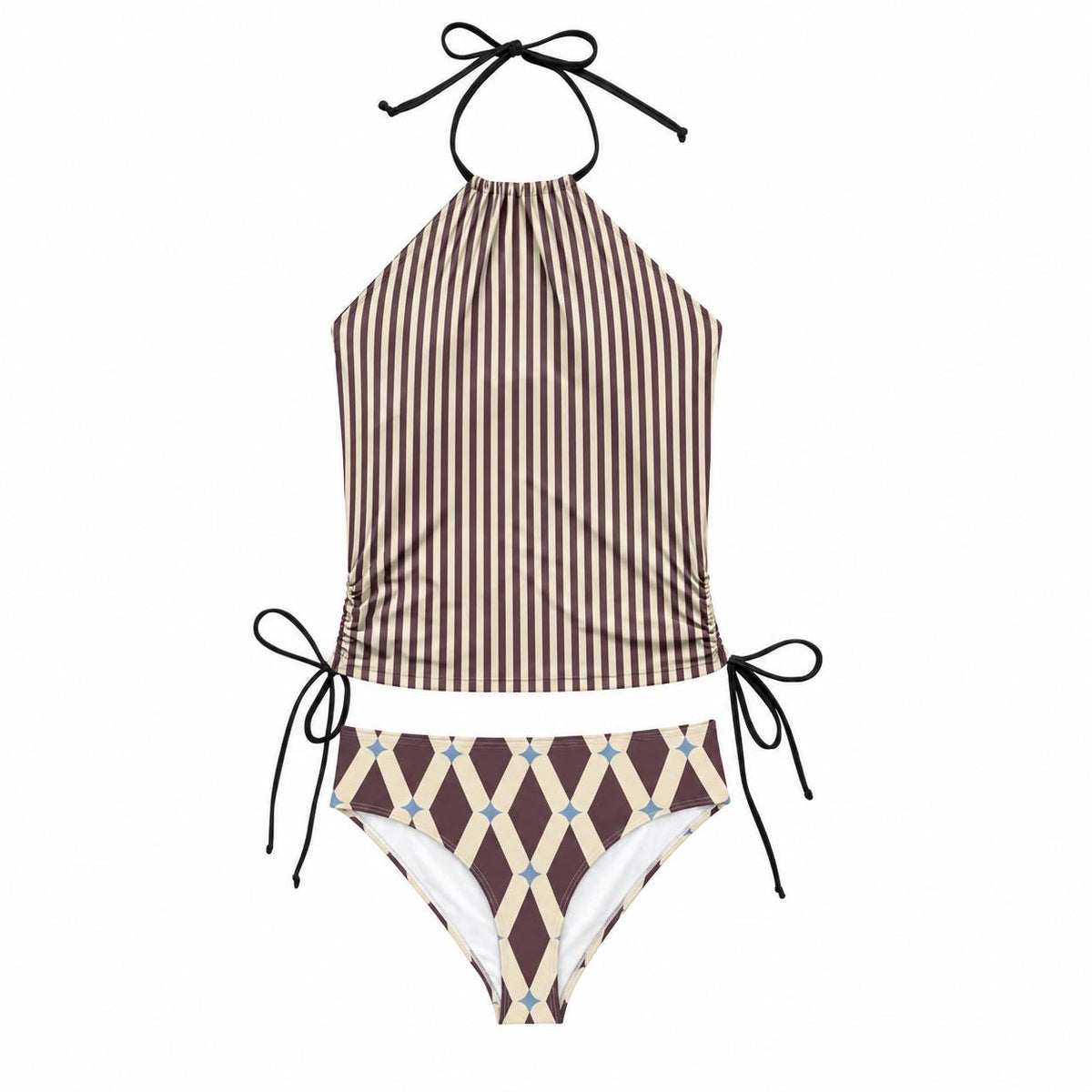 Retro Halter Tankini Swimsuit – Two-Piece Drawstring Halter Bathing Suit – Pinstripe & Mid-Century Lozenge