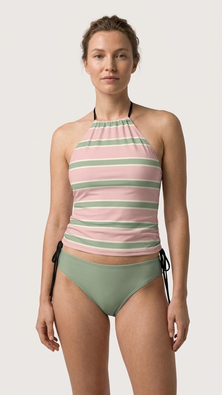 Retro Halter Tankini Swimsuit – Two-Piece Drawstring Halter Bathing Suit – Green & Pink Striped